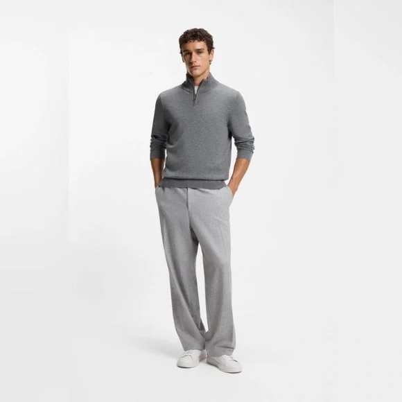 HUGO BOSS $199 Wool Cashmere Men Sweater with Zip Neck Grey Size L